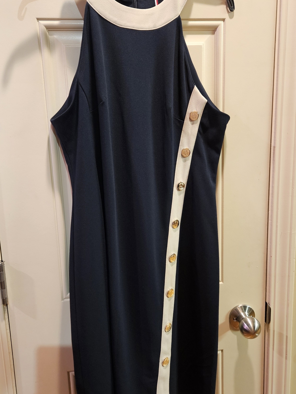 Tommy Hilfiger Navy Midi Dress with Ivory Trim and Silver Buttons